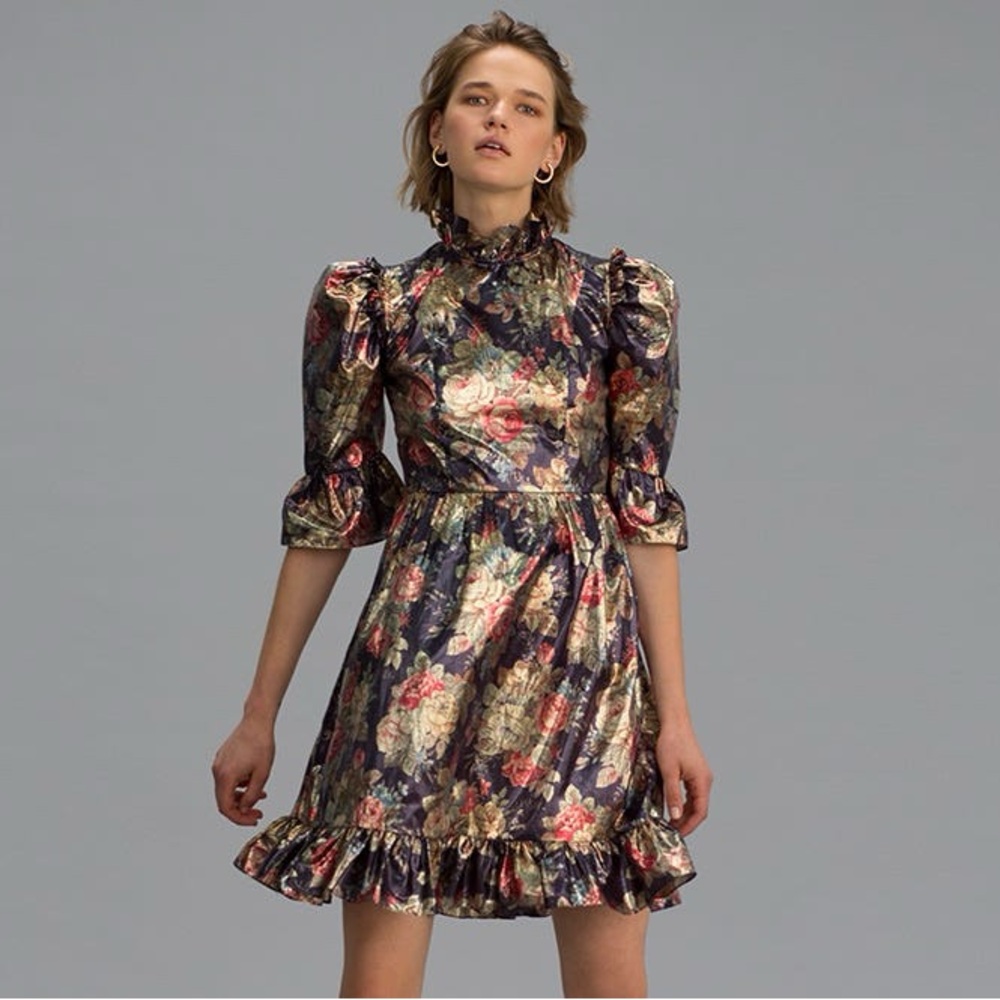 Batsheva Metallic Floral Prairie Dress